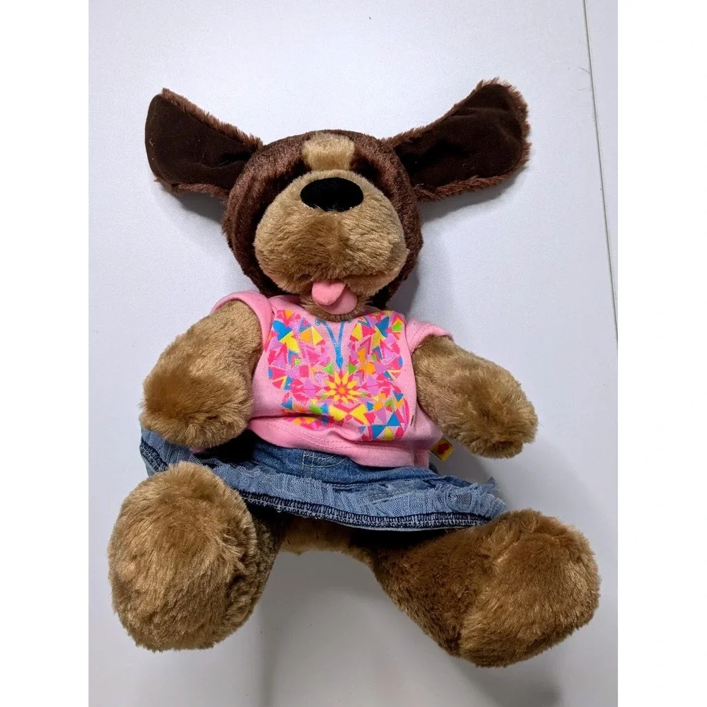 Stuffed Animal Build-A-Bear Brown Pink Butterfly Top Denim Skirt Plush Dog